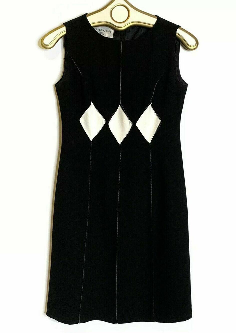Vtg Evan Picone Black Dress 2P Women Formal Shift Knee Round Neck Diamond Cutout